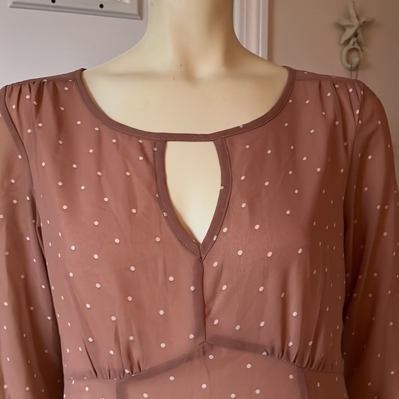 𝅺NWT Mismash Sheer Bubble Sleeves Taupe with Cream Polka Dots Dress M - Picture 10 of 12